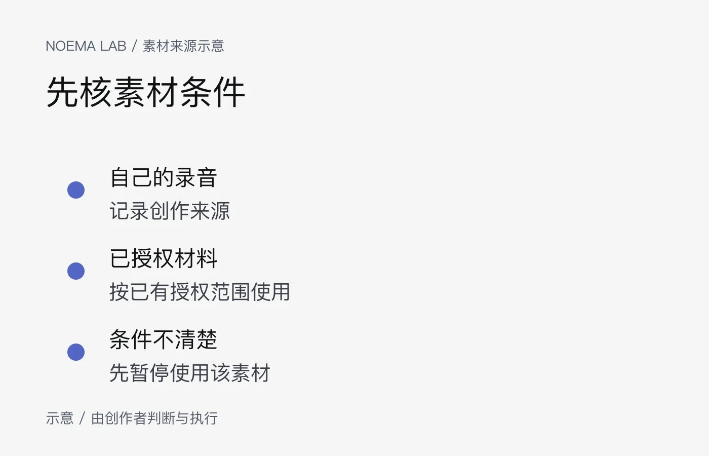 先确认素材为自有或已授权，条件不清时暂停使用